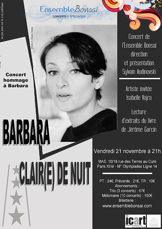 Concert Hommage  Barbara, Clair(e) de nuit, Ensemble Bonsa et Isabelle Vajra